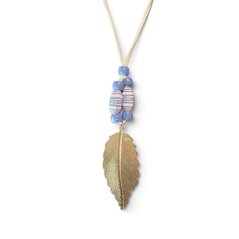 Boho Blue Beaded Feather Pendant Long Cord Necklace white and Gold Tone Tribal - Picture 6 of 11